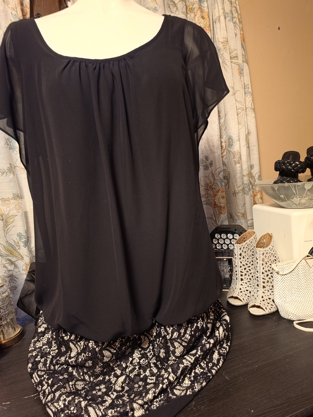 Black Short-Sleeve Scoop Neck Blouse with Sheer Sleeves & Sequin Embellishment
